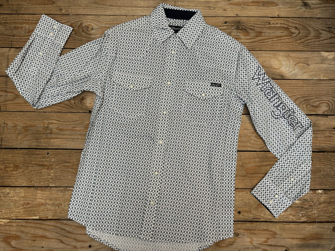 Mens Wrangler Clinton Logo LS Shirt - White / Blue (7021599195213)