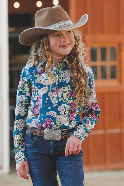 Girls Cruel Girl Teal Floral Paisley Shirt (6751283314765)