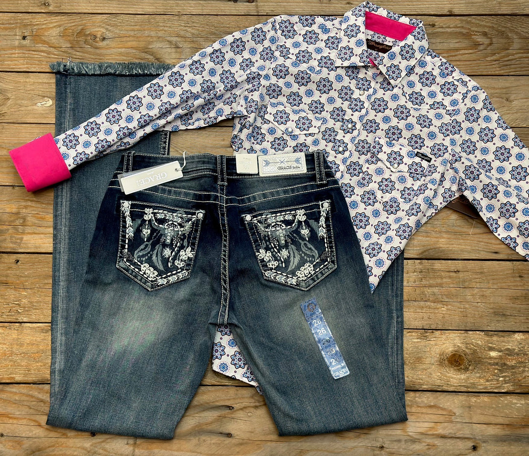 Womens Grace in LA Easy Fit Steer Head &amp; Feather Boot Cut Raw Hem Jean - 36 Leg (6850901114957)