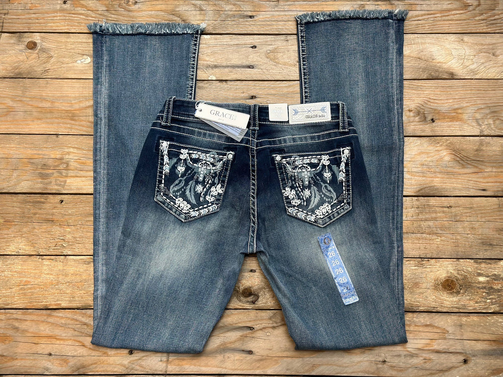 Womens Grace in LA Easy Fit Steer Head & Feather Boot Cut Raw Hem Jean - 36 Leg (6850901114957)
