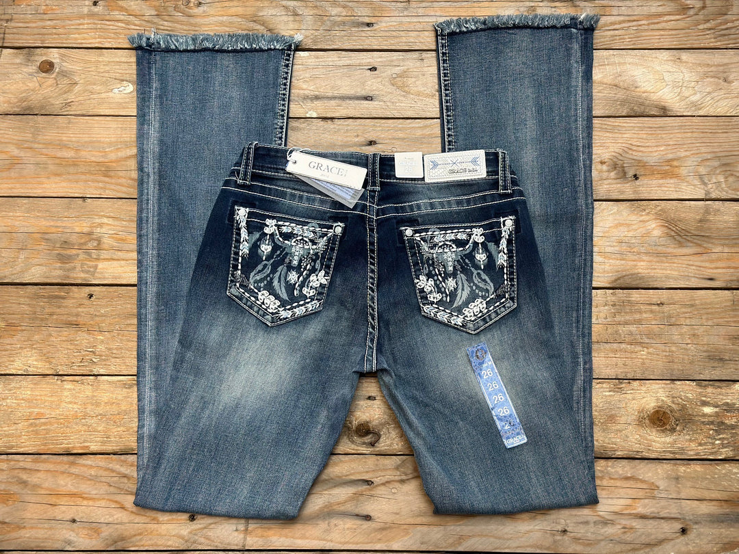Womens Grace in LA Easy Fit Steer Head &amp; Feather Boot Cut Raw Hem Jean - 36 Leg (6850901114957)