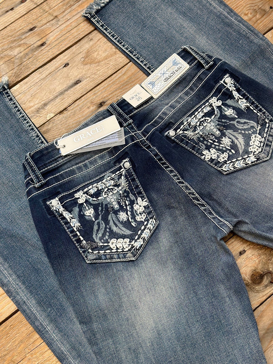 Womens Grace in LA Easy Fit Steer Head &amp; Feather Boot Cut Raw Hem Jean - 36 Leg (6850901114957)
