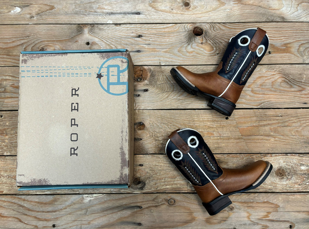 Kids Roper James Boot - Burnished Tan / Navy (7011379052621)