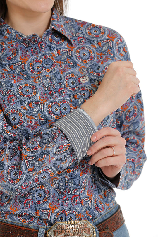Womens Cinch Button Down Patterned Shirt - Blue / Red / Orange (6865335091277)