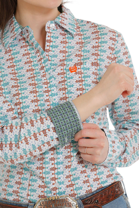 Womens Cinch Button Down Western Shirt - White / Orange / Blue (6894283685965)