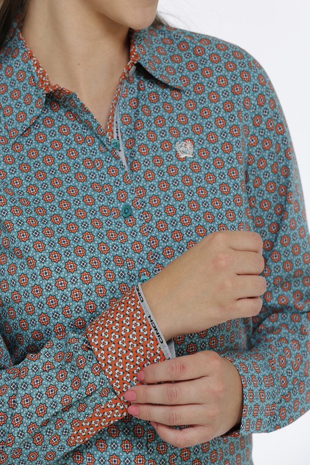 Womens Cinch LS Button Down Western Shirt - Green / Orange (6894283718733)