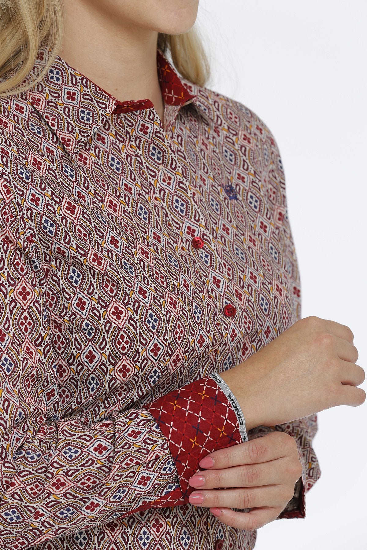 Womens Cinch Button Down Western Shirt - Cream/Red (6894283653197)