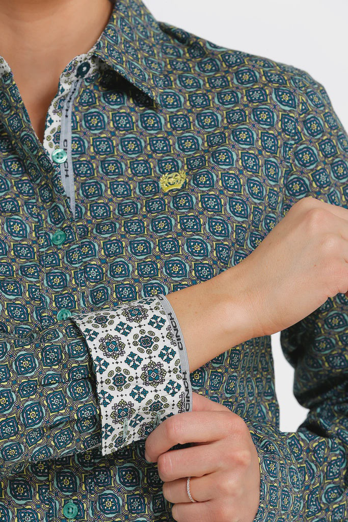 Womens Cinch Medallion Print Button Down Shirt - Teal (6894283751501)