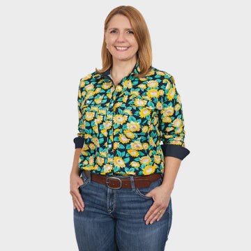 Womens Just Country Abbey Full Button Workshirt - Navy Sunflowers (6916189585485)