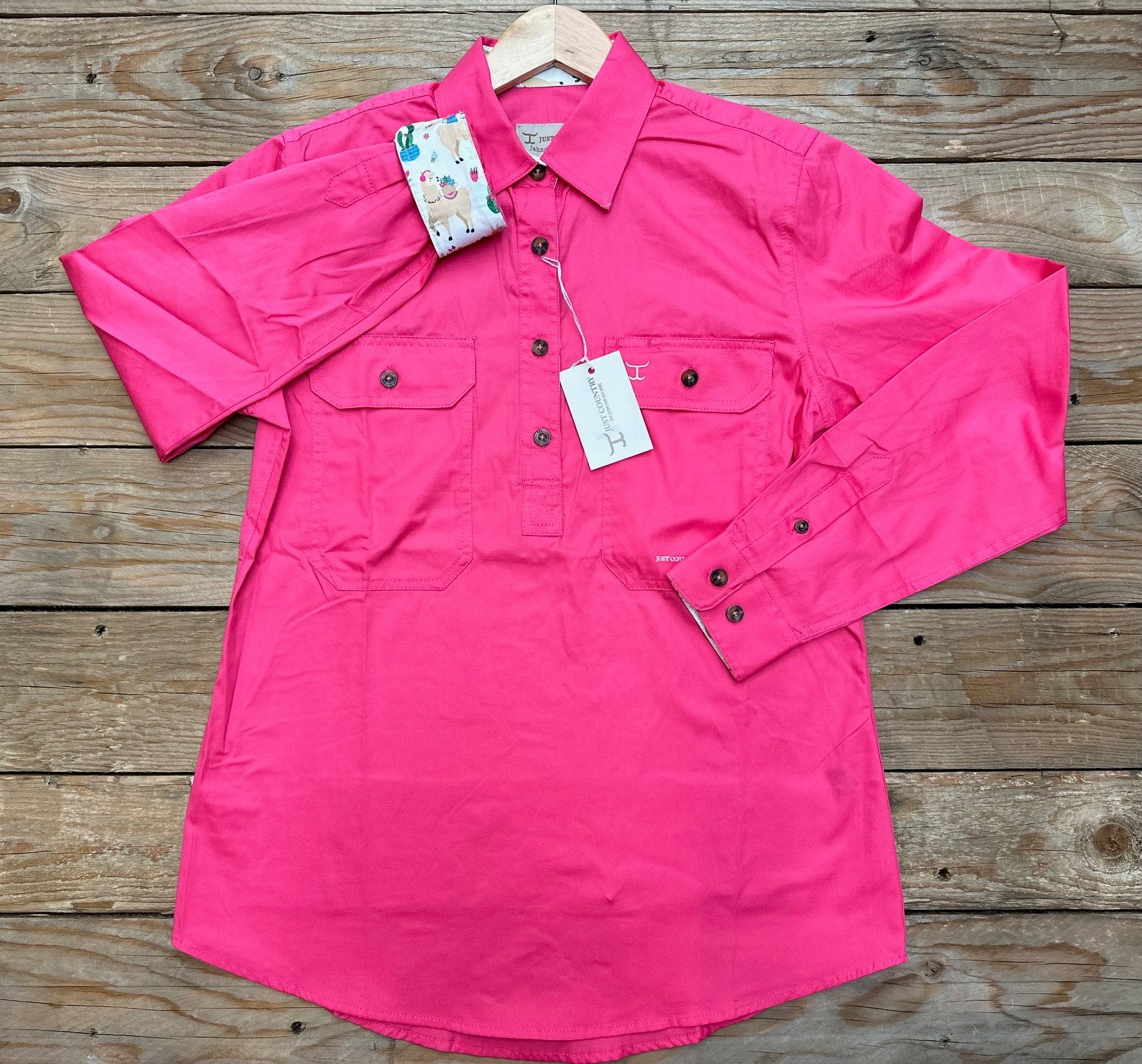 Womens Just Country Jahna Trim Half Button Solid Workshirt with Contrast - Hot Pink / White Llamas (6970978533453)
