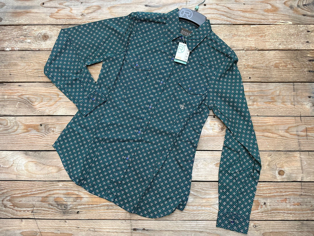 Ladies Roper Amarillo LS Emerald Green Medallion on Navy Print Shirt (6970220773453)