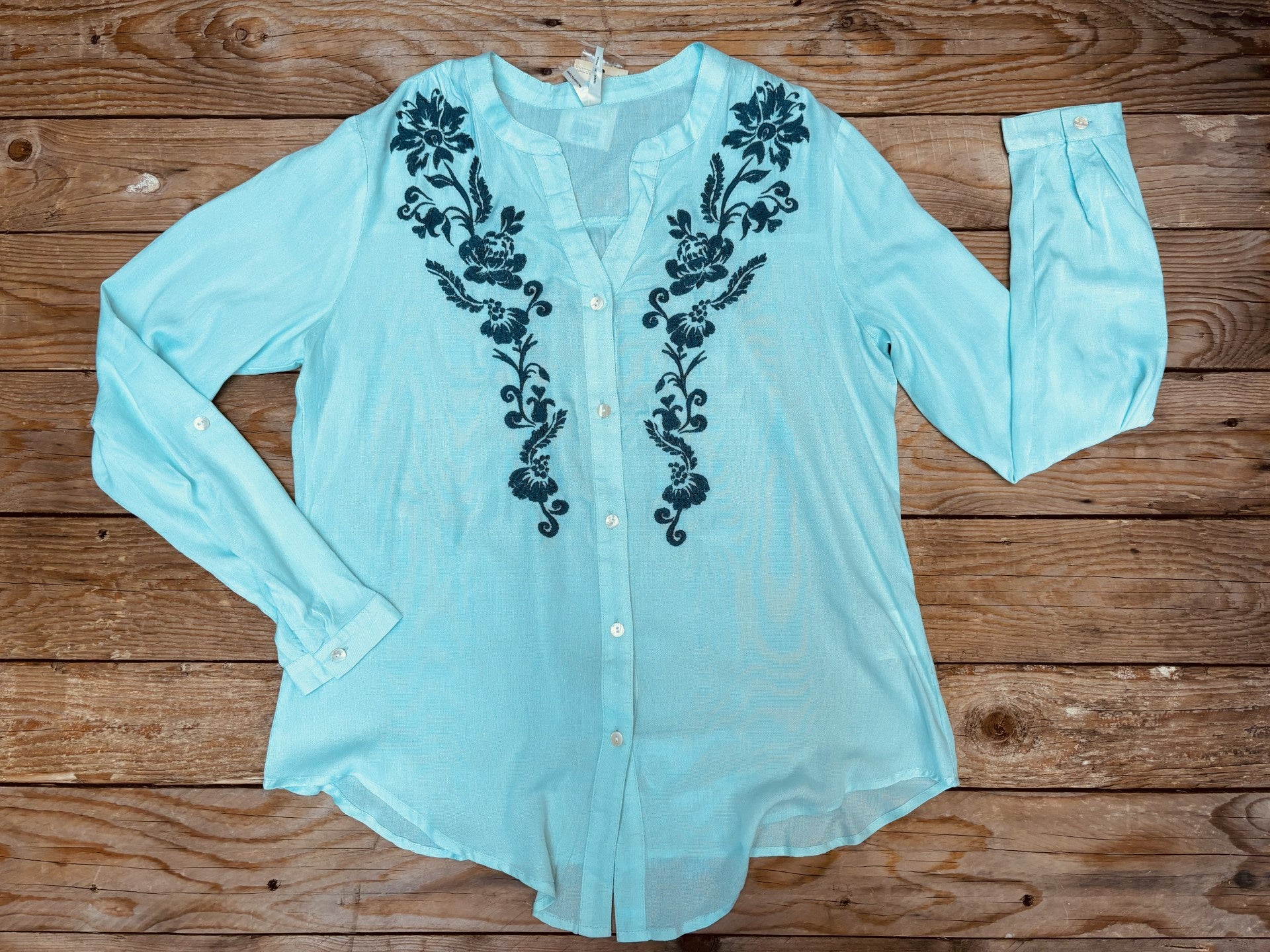 Womens Roper Studio West Solid Aqua Blouse (7013173198925)