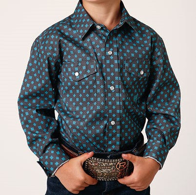 Boys Roper Amarillo Charcoal with Aqua Print Shirt (6913511784525)