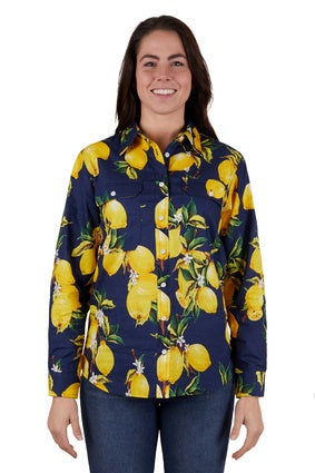 Womens Hard Slog Sana Full Button LS Shirt - Navy / Yellow (7031155851341)